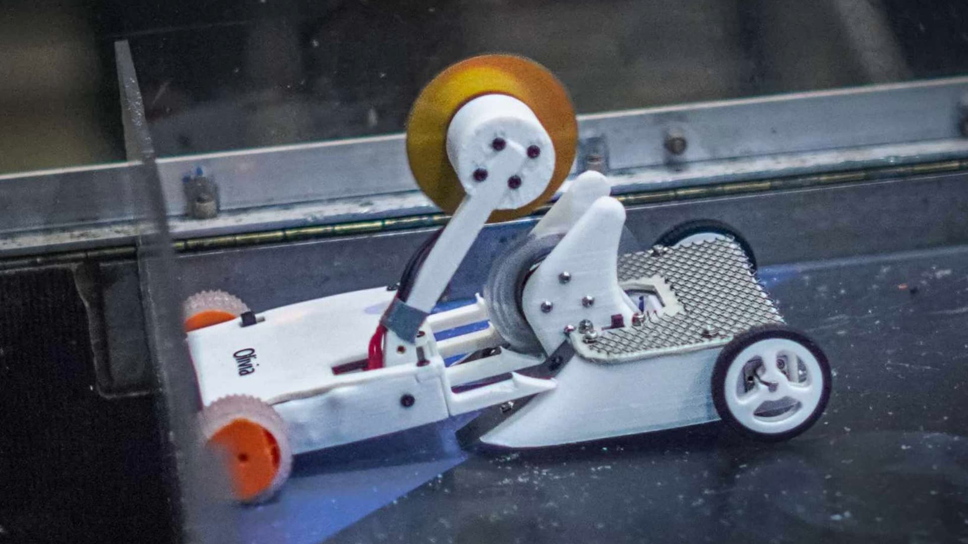 Antweight bojový robot s klínem a rotační zbraní v aréně